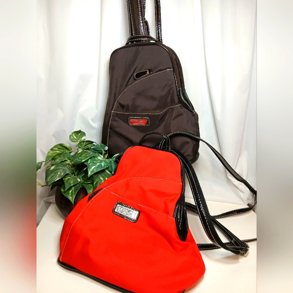 2 MULTISAC Backpack Bags Purses 1 Red 1 Black  Nylon and Patent Leather